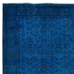 6.5x10.5 Ft Modern Turkish Floral Rug in Ocean Blue, Handmade Navy Blue Carpet