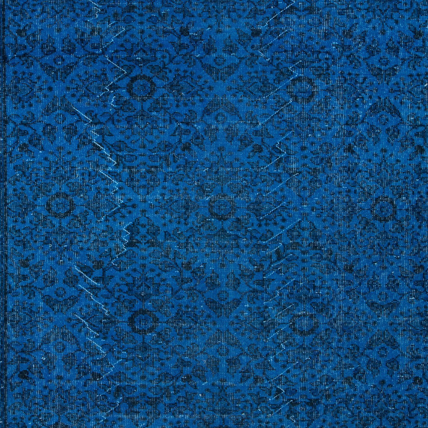 Hand-Knotted 6.5x10.5 Ft Modern Turkish Floral Rug in Ocean Blue, Handmade Navy Blue Carpet For Sale