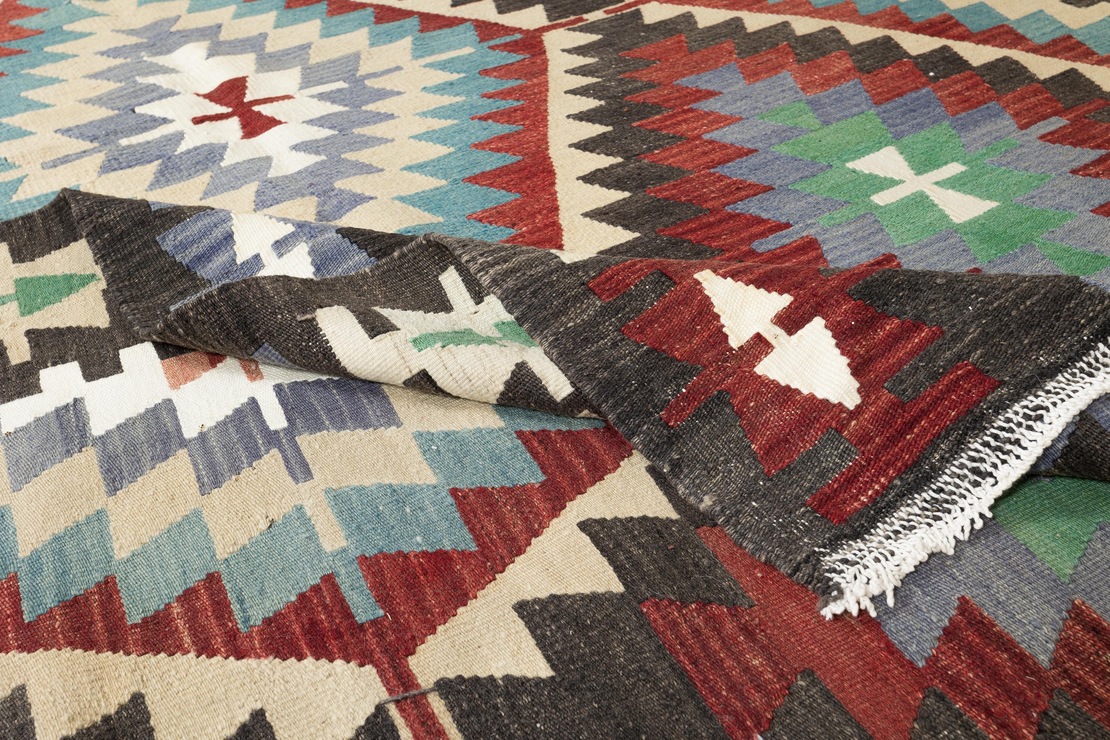Hand-Woven 6.5x10.5 Ft Vintage HandWoven Turkish Kilim 'Flat-Weave'. Colorful Rug, All Wool For Sale