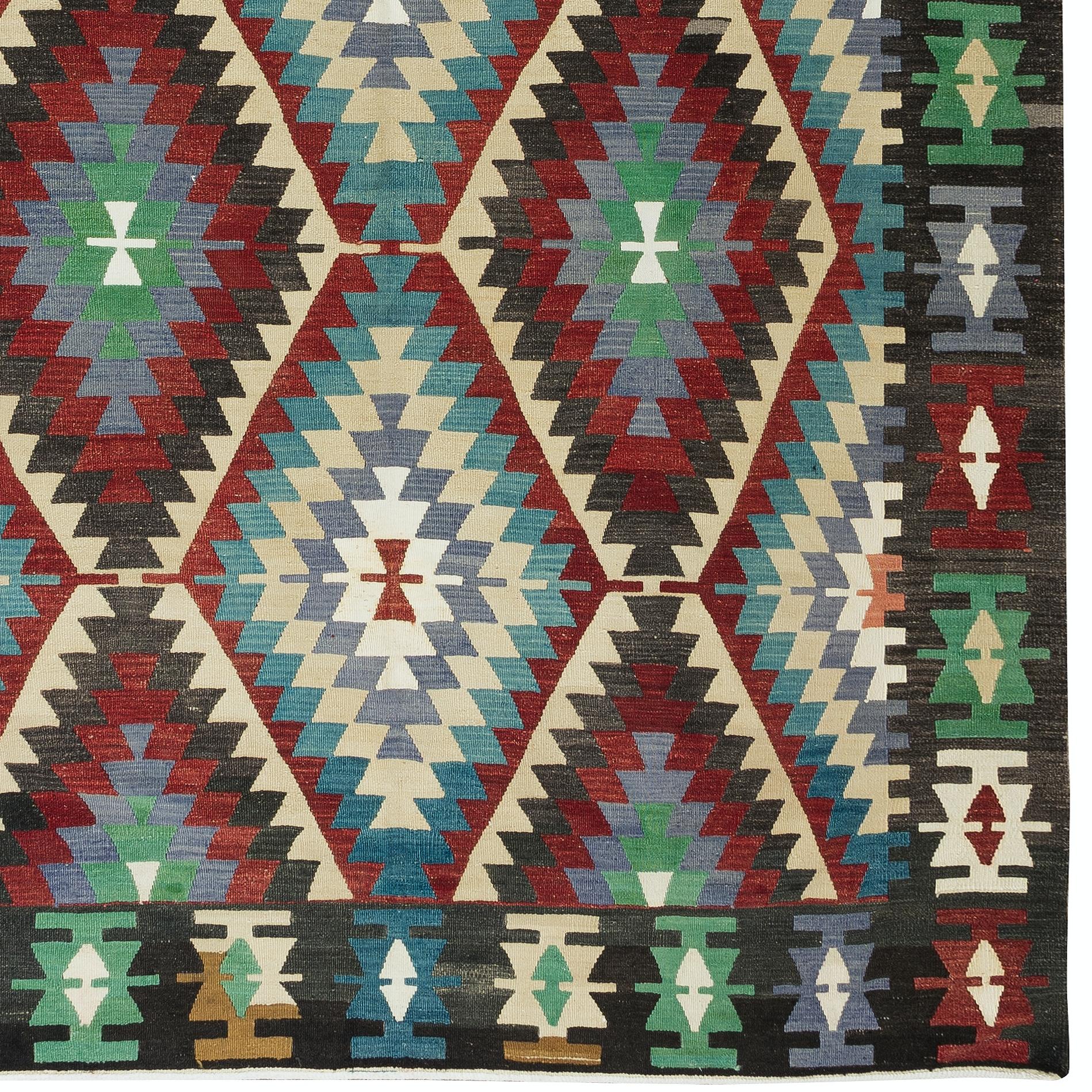 6.5x10.5 Ft Vintage HandWoven Turkish Kilim 'Flat-Weave'. Colorful Rug, All Wool For Sale 1