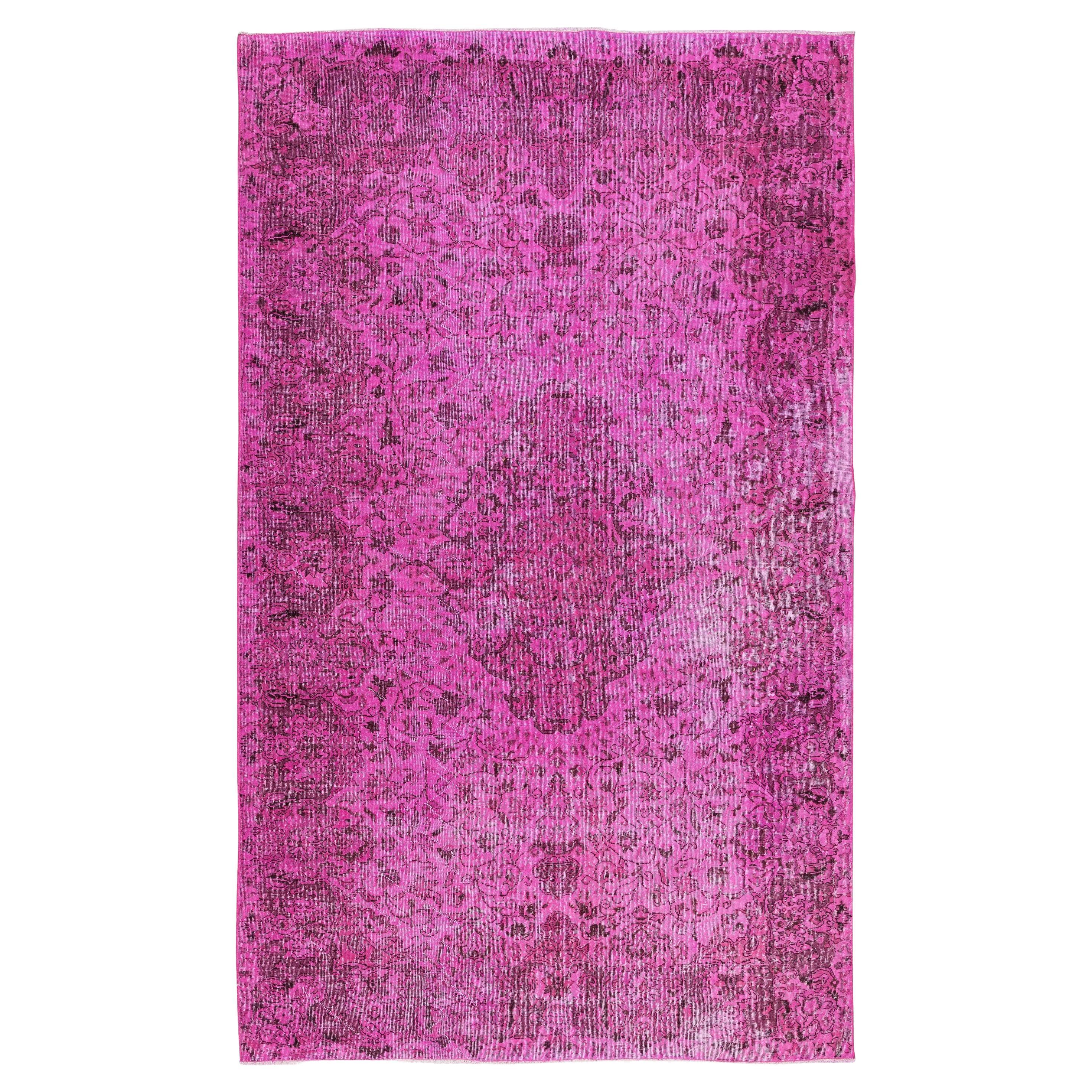 6.5x10.6 Ft Handmade Vintage Turkish Rug Over-Dyed in Pink with Medallion Design