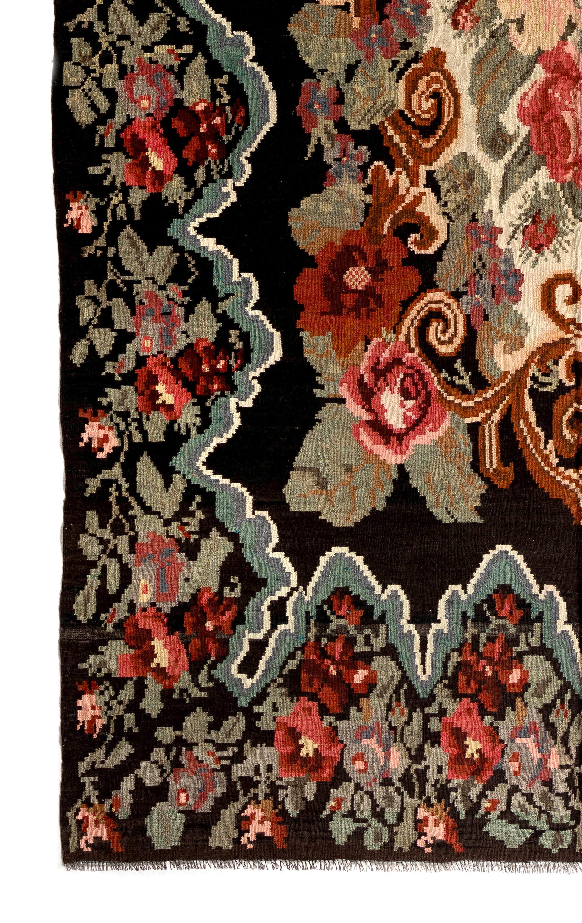 Hand-Woven 6.6x11 Ft Decorative Handmade Bessarabian Kilim, Floral Rug. Vintage Tapestry For Sale