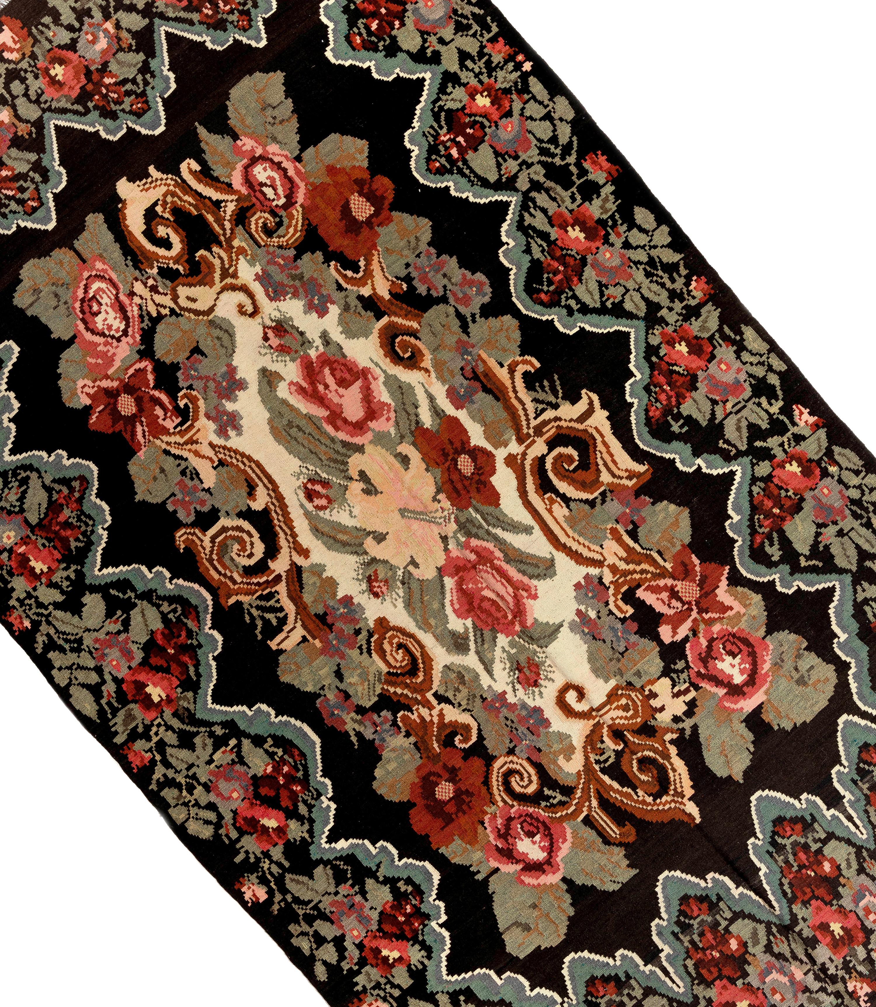 Wool 6.6x11 Ft Decorative Handmade Bessarabian Kilim, Floral Rug. Vintage Tapestry For Sale