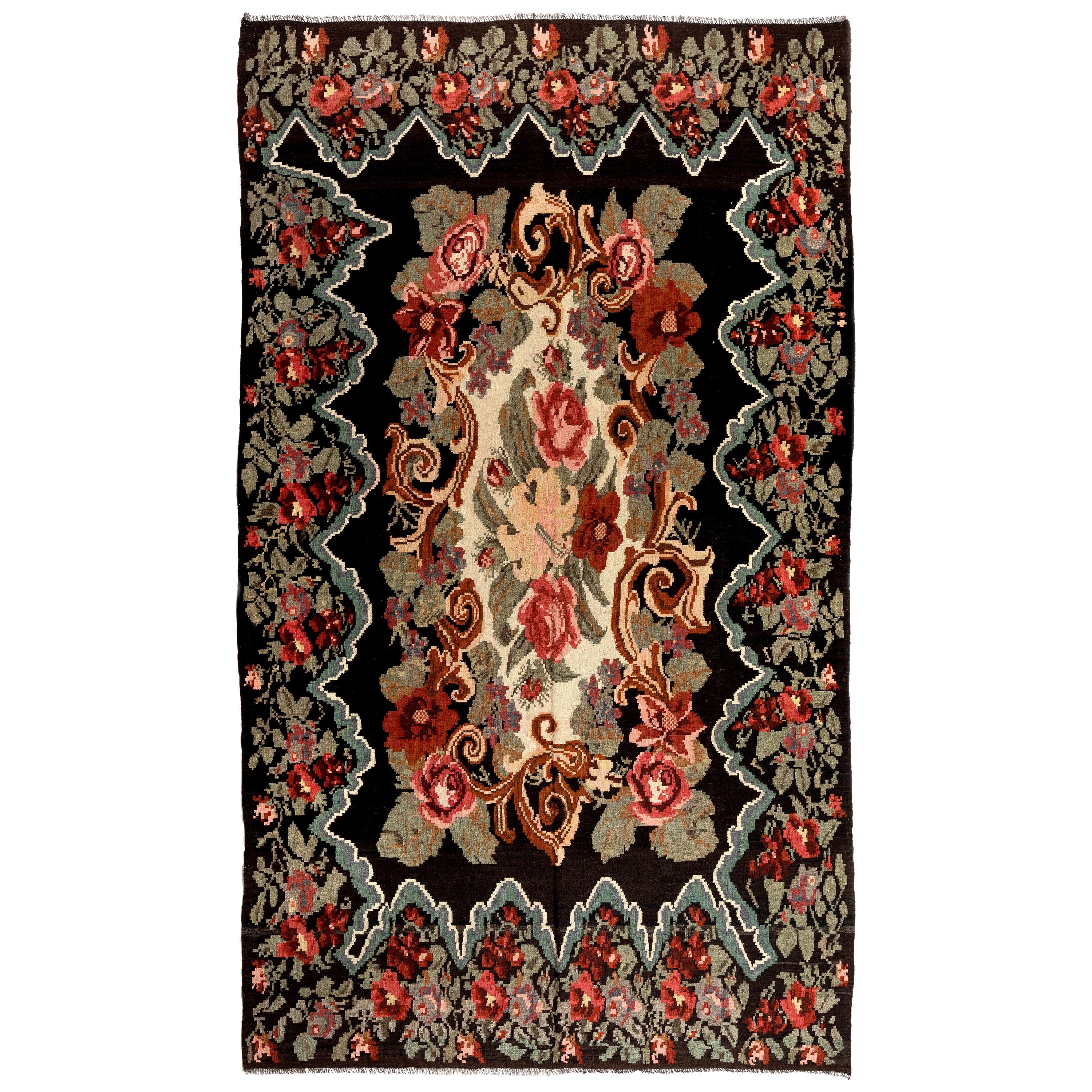 6.6x11 Ft Dekorativer handgefertigter bessarabischer Kelim-Teppich mit Blumenmuster. Vintage-Wandteppich