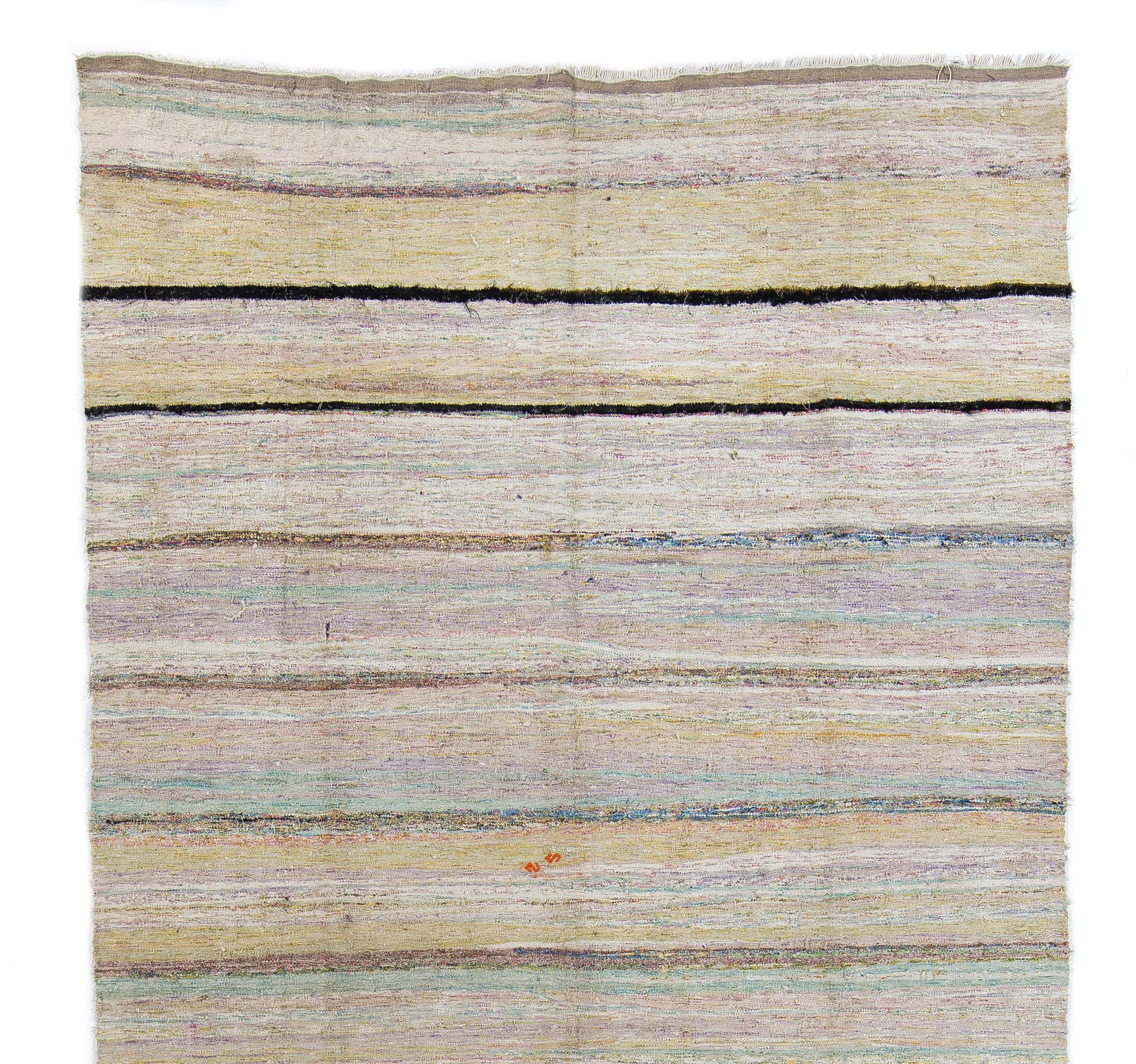 Turkish 6.5x12.8 Ft Cotton Hand-Woven Striped Kilim Rug in Pastel Colors, Reversible For Sale