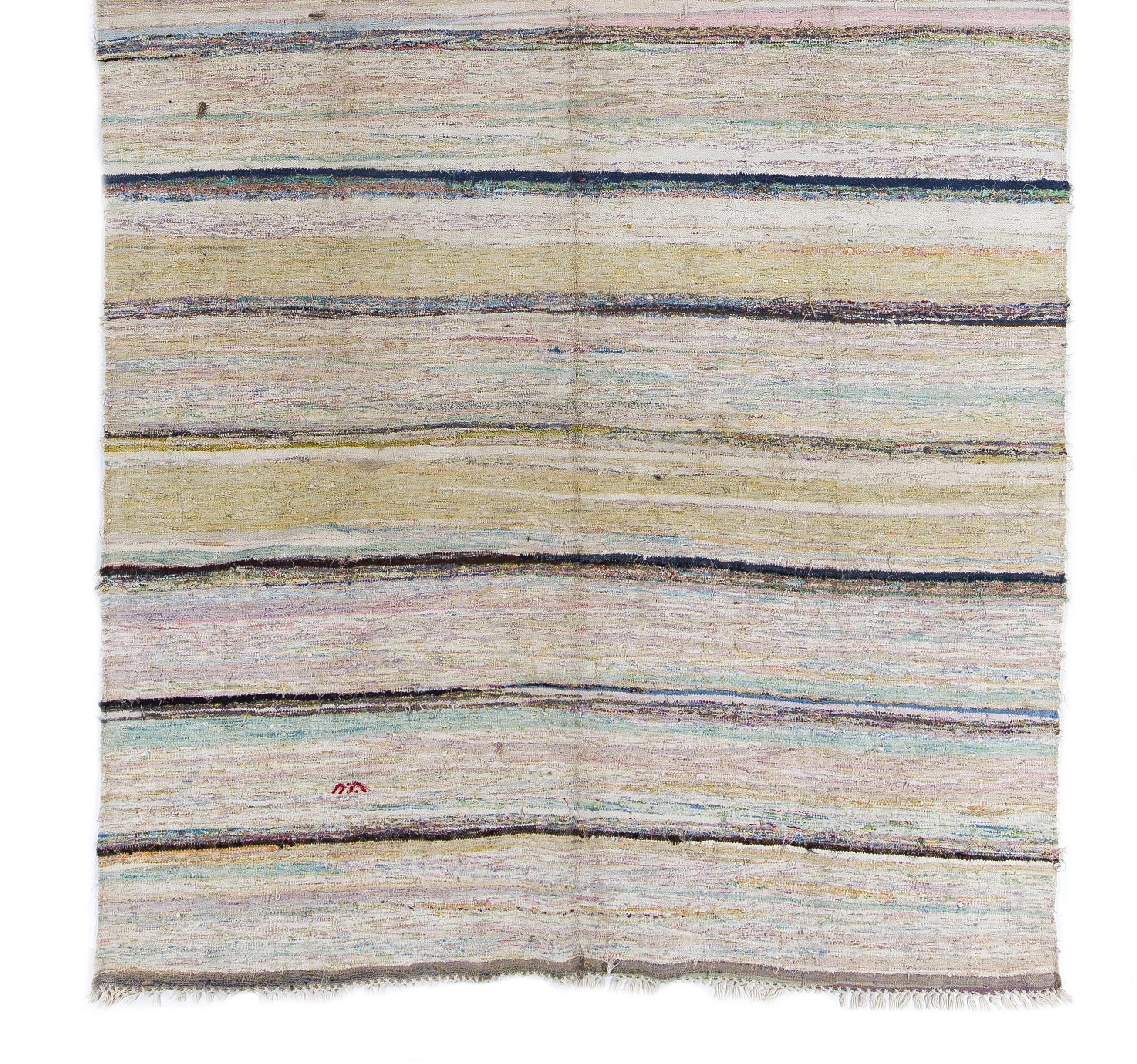 6.5x12.8 Ft Cotton Hand-Woven Striped Kilim Rug in Pastel Colors, Reversible In Good Condition For Sale In Philadelphia, PA