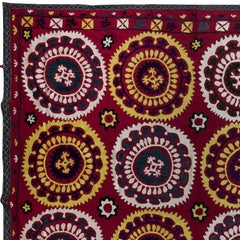 6.5x6.8 ft Silk Embroidery Suzani Wall Hanging, Uzbek Bedspread, Red Tablecloth