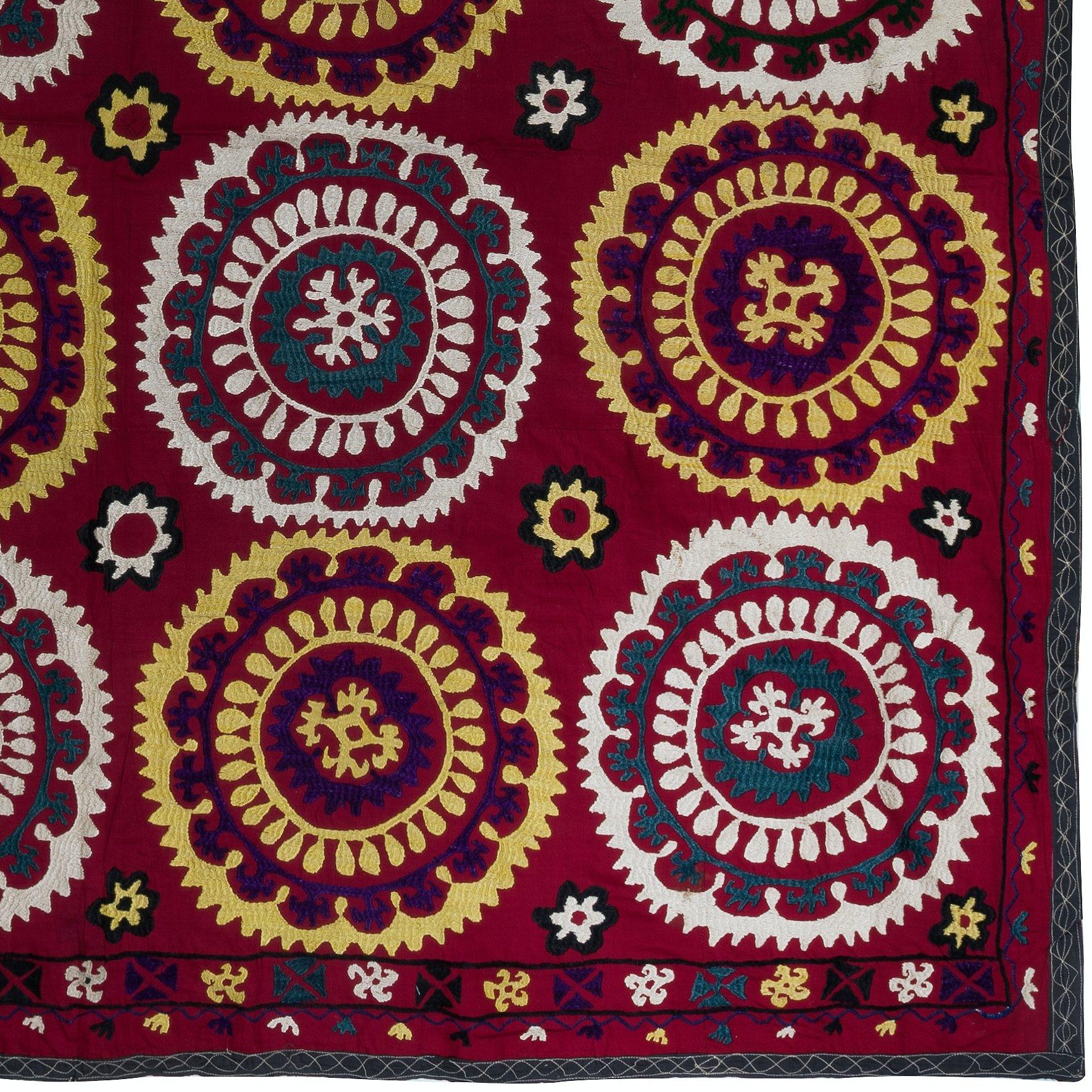 Embroidered 6.5x6.8 ft Silk Embroidery Suzani Wall Hanging, Uzbek Bedspread, Red Tablecloth For Sale