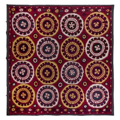 Vintage 6.5x6.8 ft Silk Embroidery Suzani Wall Hanging, Uzbek Bedspread, Red Tablecloth