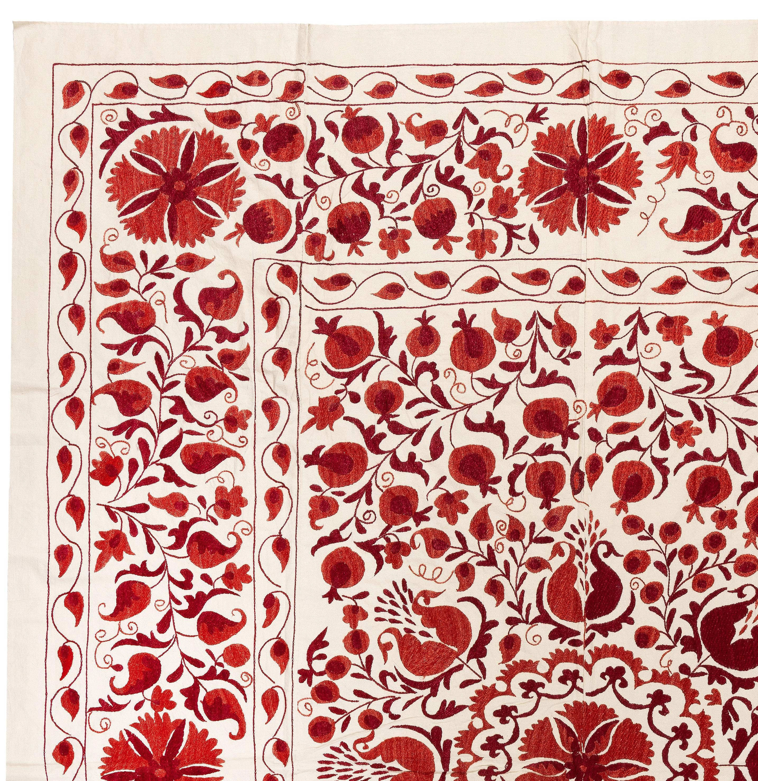 Suzani 6.5x8 Ft Silk Wall Hanging in Red & Cream, Embroidered Bedspread, New Tablecloth For Sale