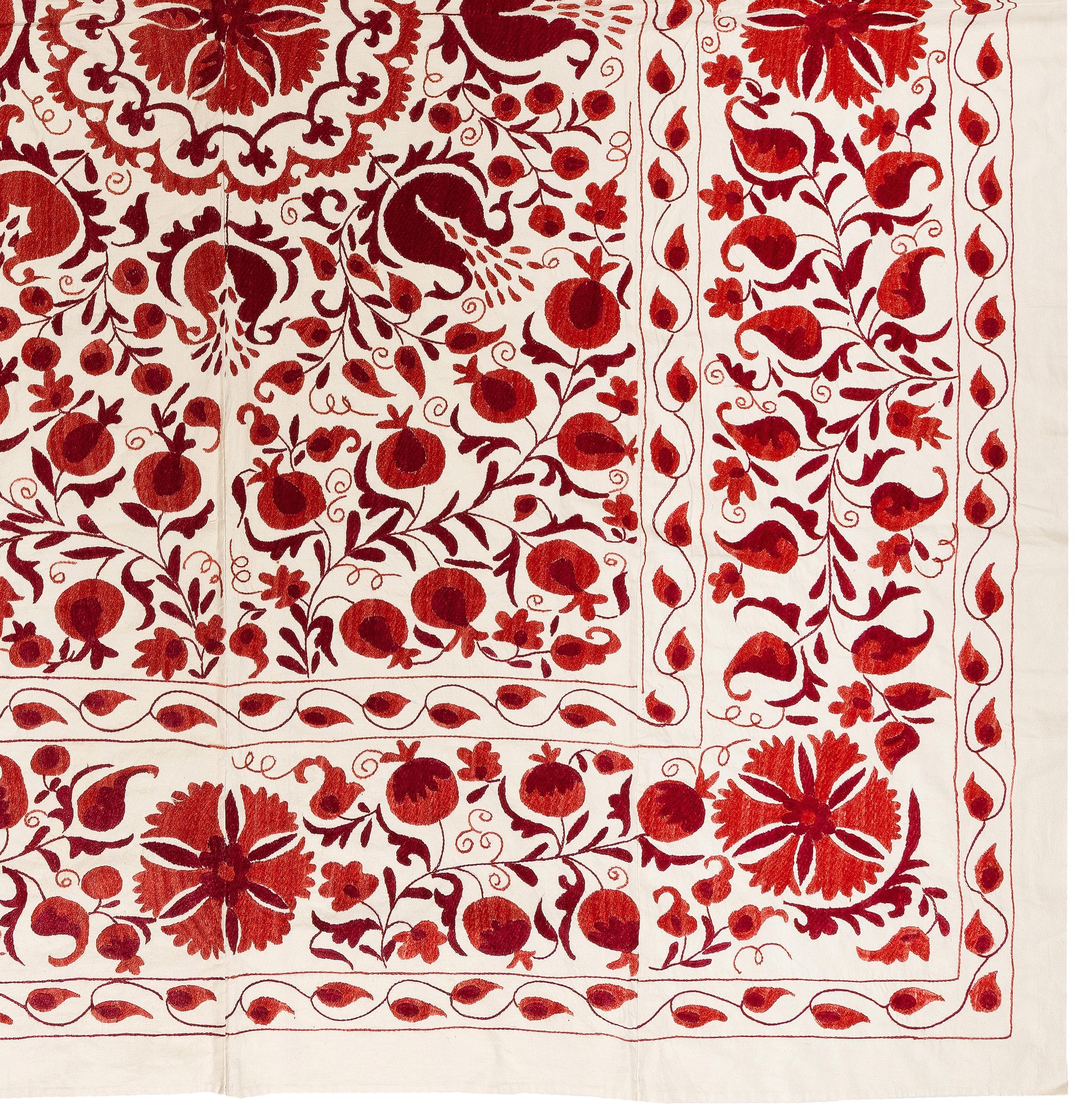 Uzbek 6.5x8 Ft Silk Wall Hanging in Red & Cream, Embroidered Bedspread, New Tablecloth For Sale