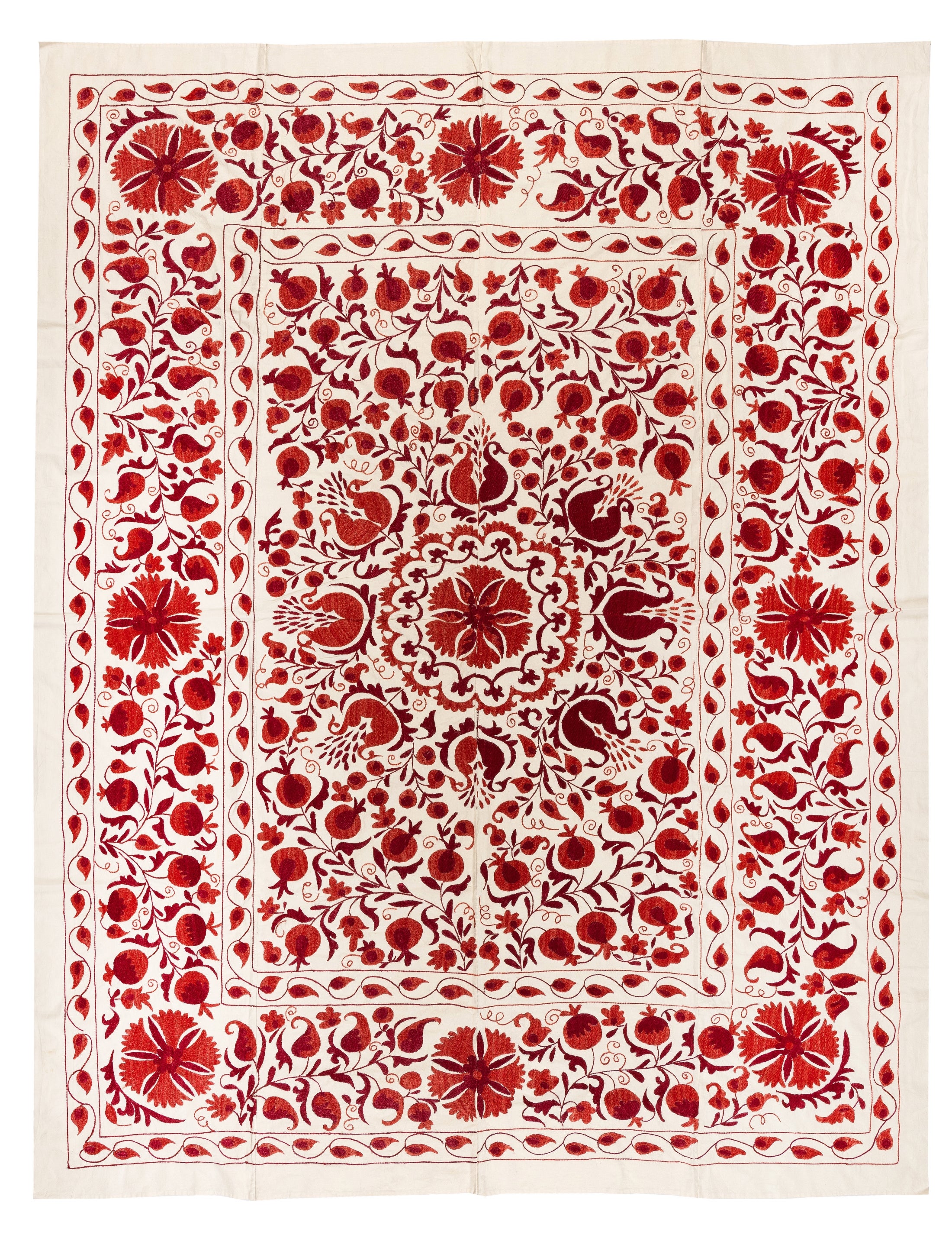 6.5x8 Ft Silk Wall Hanging in Red & Cream, Embroidered Bedspread, New Tablecloth For Sale