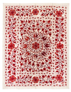 6.5x8 Ft Silk Wall Hanging in Red & Cream, Embroidered Bedspread, New Tablecloth
