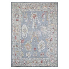 6'5"x9' Flint Gray Hand Knotted Afghan Angora Oushak Leaf Design Pure Wool Rug