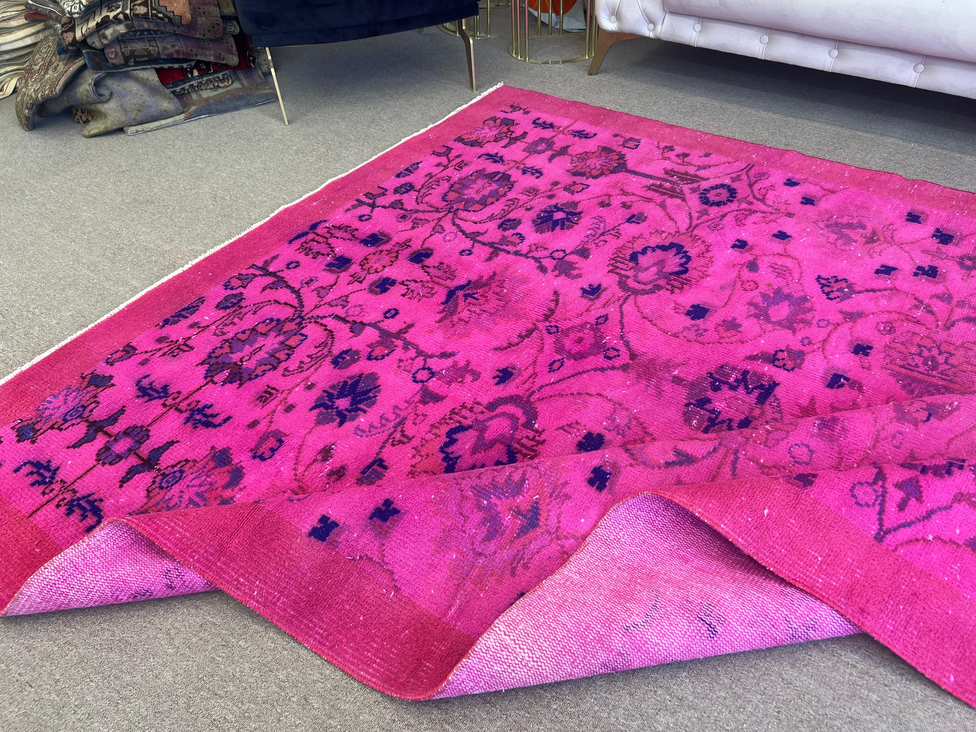 6.5x9 Ft Tapis turc rose fait à la main avec Botanical Garden Design & Solid Border en vente 4