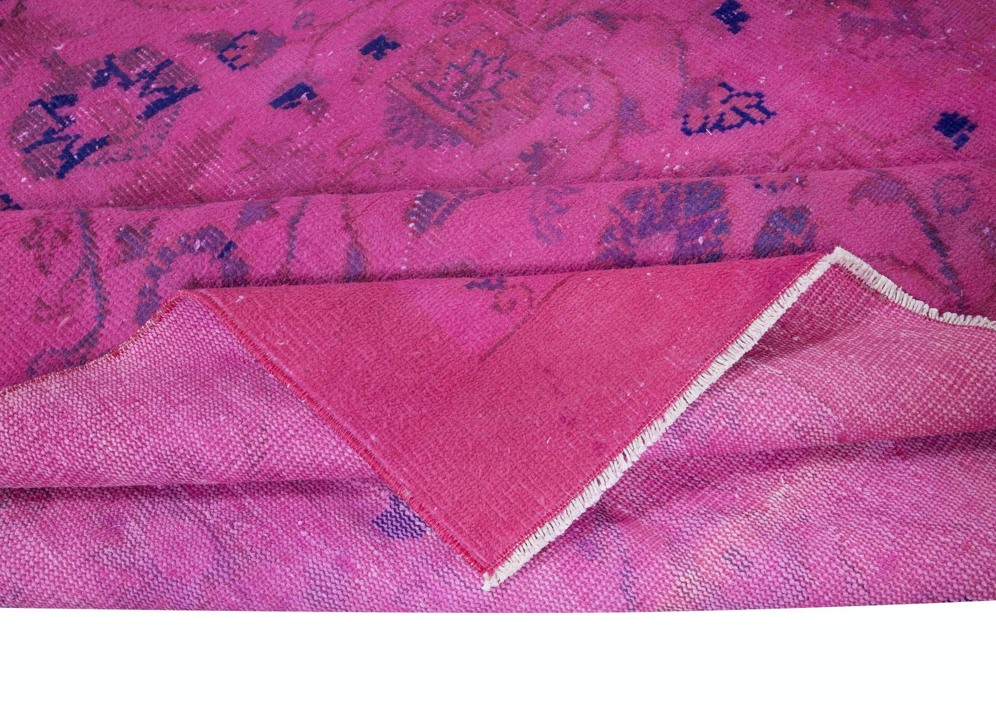 Modern 6.5x9 Ft Hand-Made Turkish Pink Rug with Botanical Garden Design & Solid Border For Sale