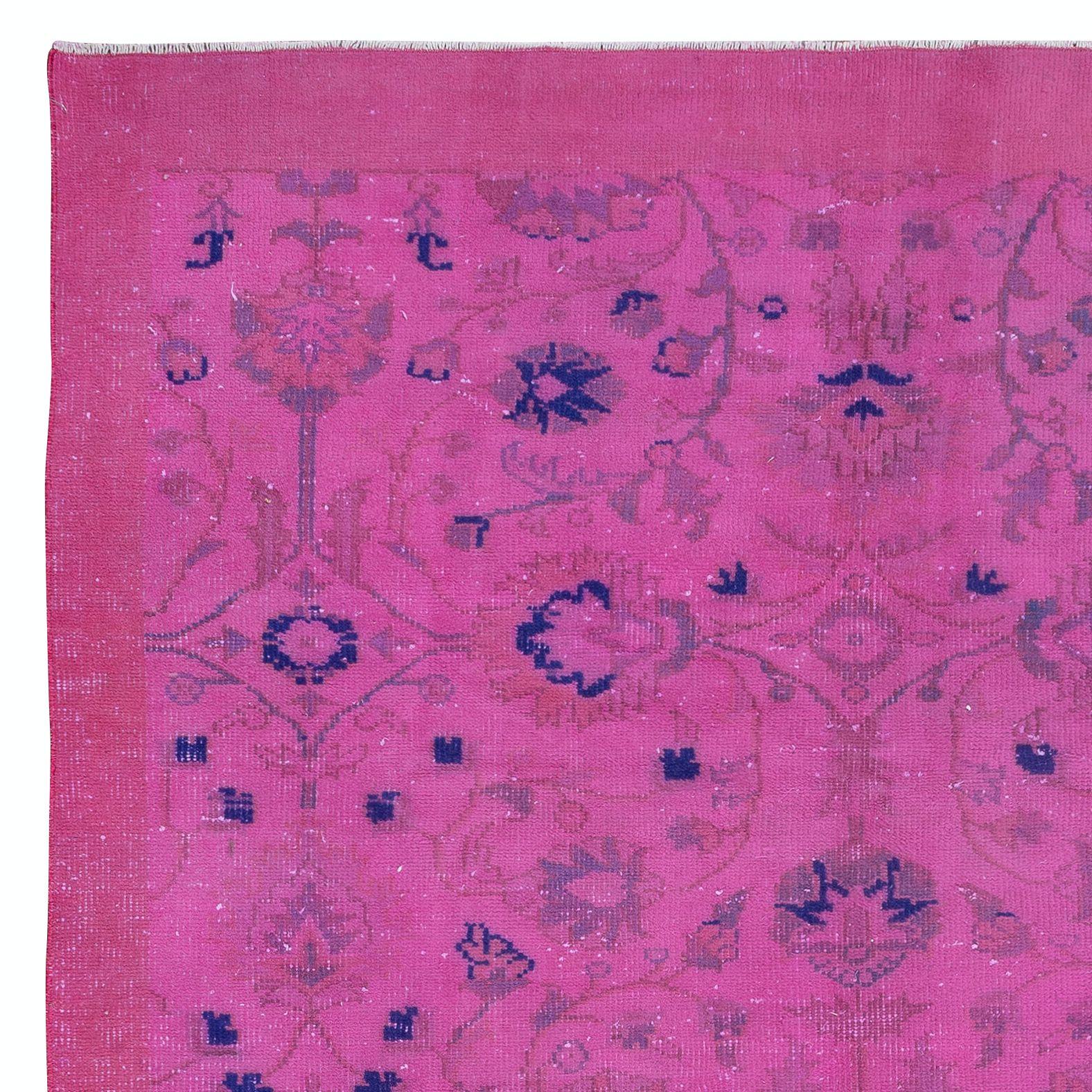 Hand-Knotted 6.5x9 Ft Hand-Made Turkish Pink Rug with Botanical Garden Design & Solid Border For Sale