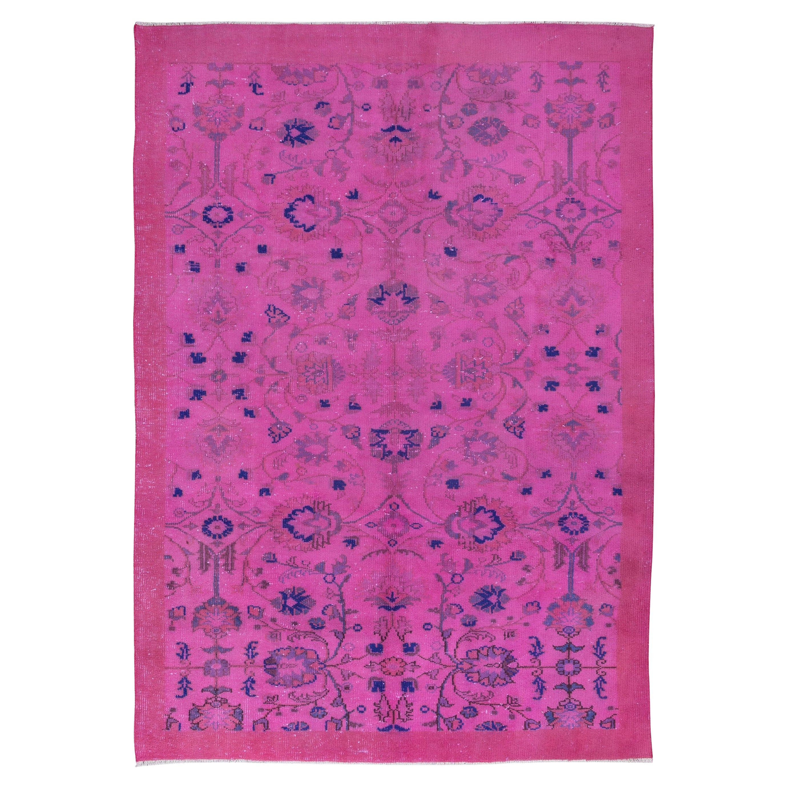 Tappeto rosa turco fatto a mano 6,5x9 piedi con disegno di giardino botanico e bordo solido in vendita