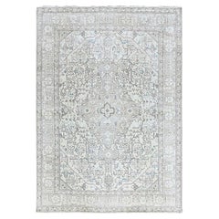 Alfombra oriental de lana suave, de estilo vintage, anudada a mano, con motivos geométricos en forma de medallones, de 6'5" x 9'1", color marfil