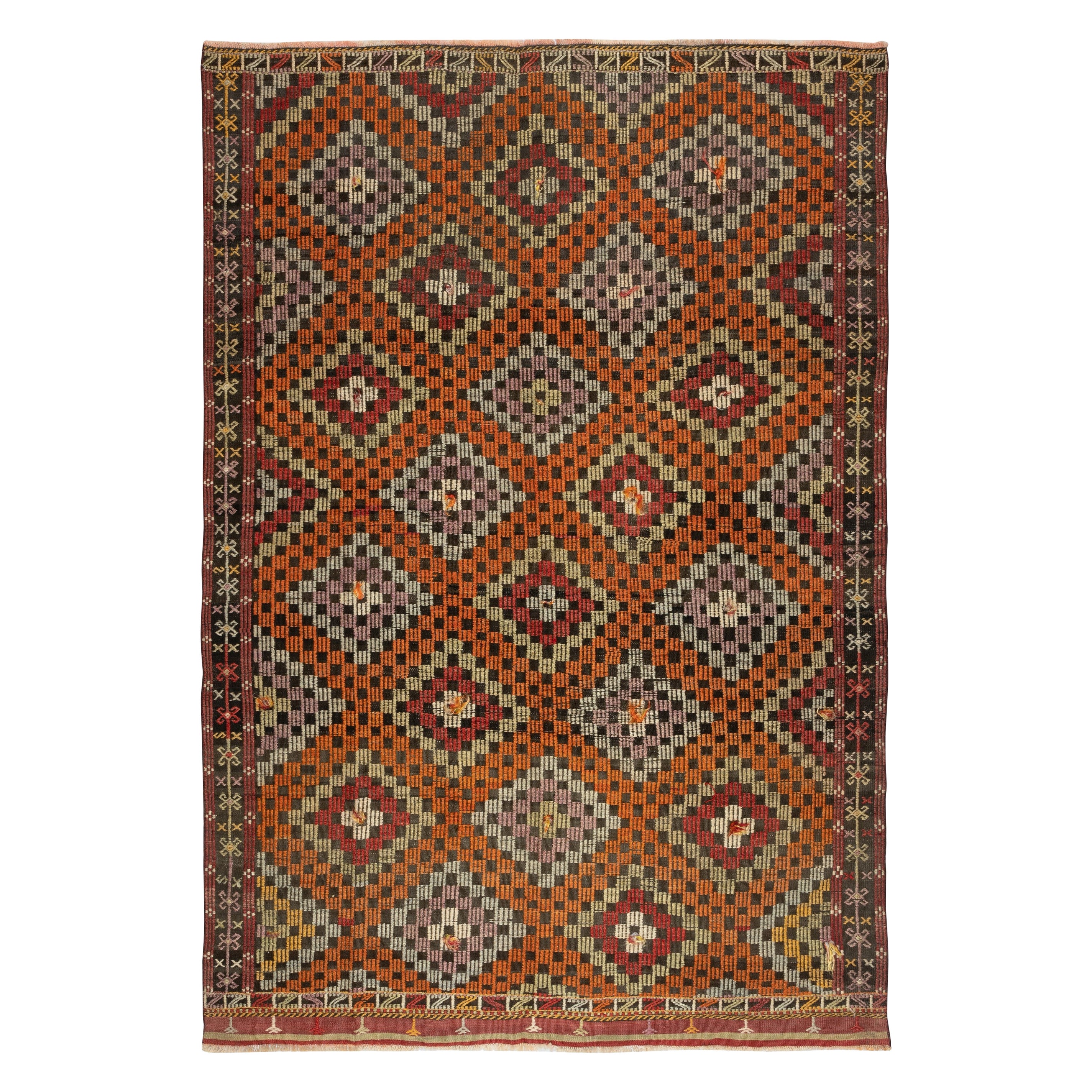 6.5x9.3 Ft Vintage Diamond Design Jijim Kilim. Flachgewebter Jajim-Teppich. 100% Wolle