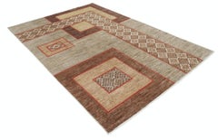 6.5x9.4 ft Handmade Beige, Brown and Red Area Rug with Abstract Geometric Design