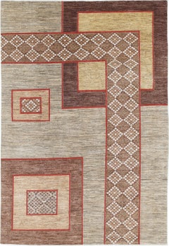 6.5x9.4 ft Handmade Beige, Brown and Red Area Rug with Abstract Geometric Design