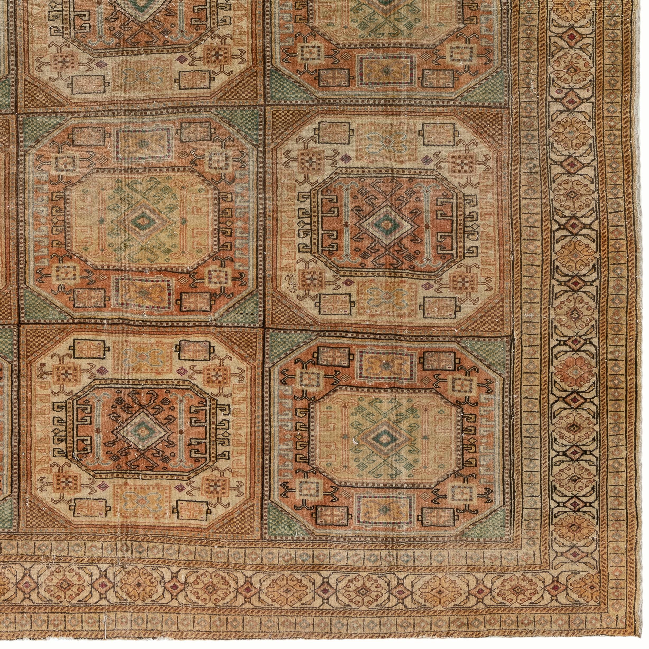 Hand-Knotted 6.5x9.4 Ft Vintage Turkish Rug. Muted Colors, Geometric Design & Tribal Patterns For Sale