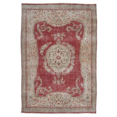 6.5x9.5 Ft Vintage Aubusson Inspired Turkish Rug in Red, Beige & Taupe Colors