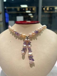Freshwater Pearl with Amethyst Stones and Toggle Clasp Silver Tassel