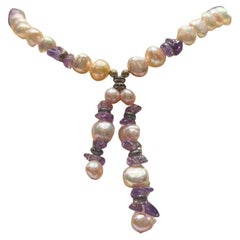 Freshwater Pearl with Amethyst Stones and Toggle Clasp Silver Tassel