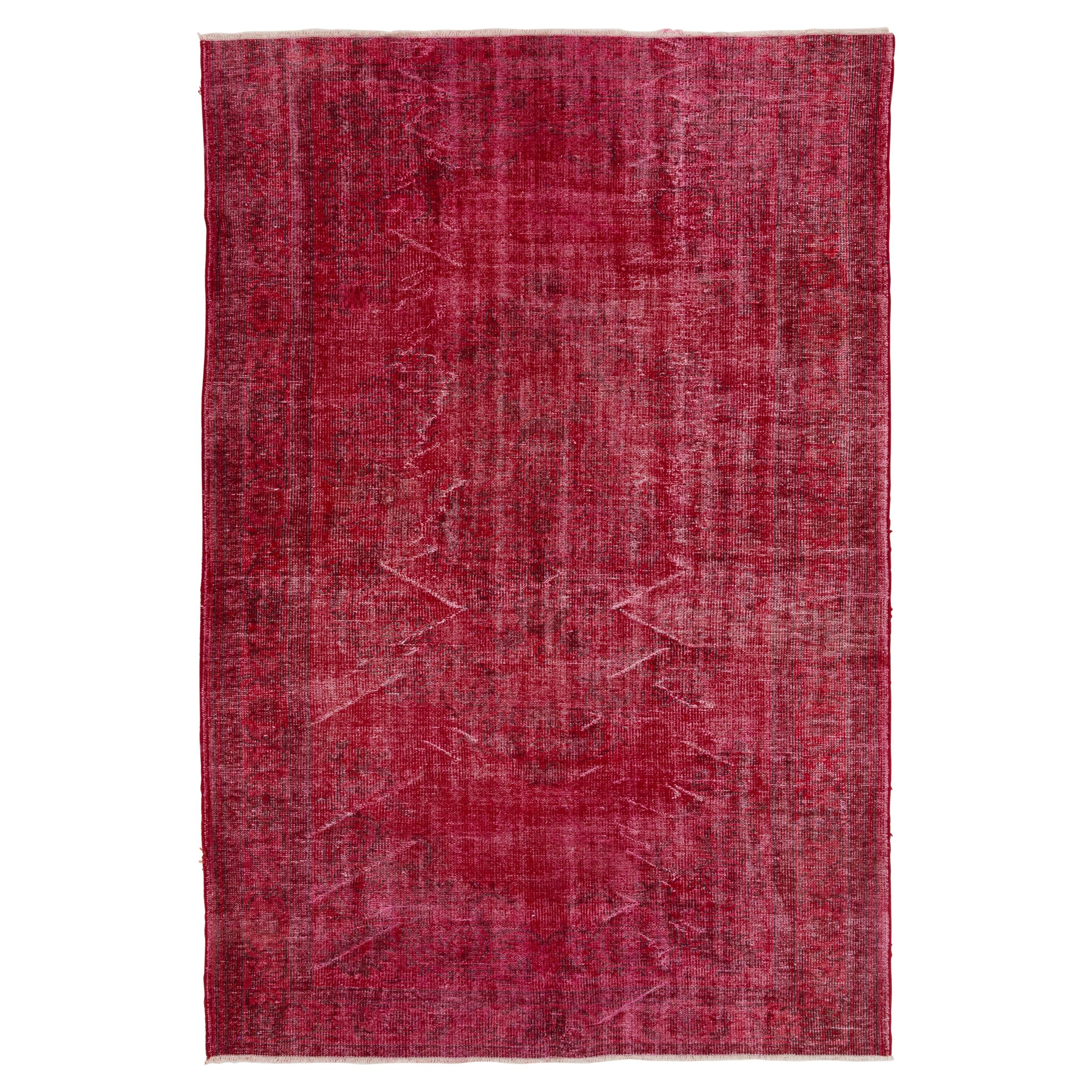 6.5x9.6 Ft Mid-Century Handmade Turkish Wool Rug in Red, Solid Modern Carpet