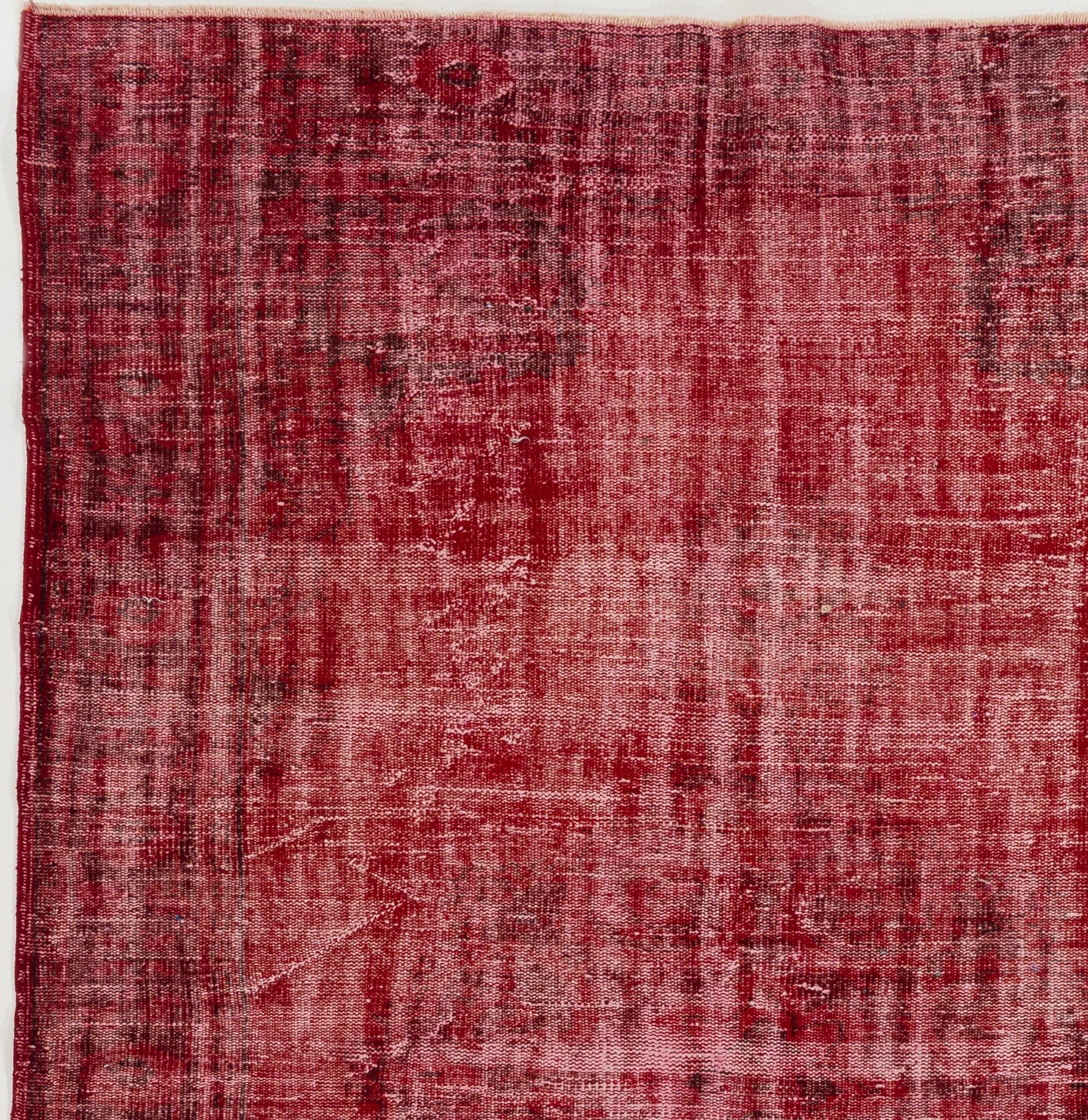 Hand-Knotted Shabby Chic Handmade Wool Rug in Burgundy Red, Vintage Turkish Carpet For Sale