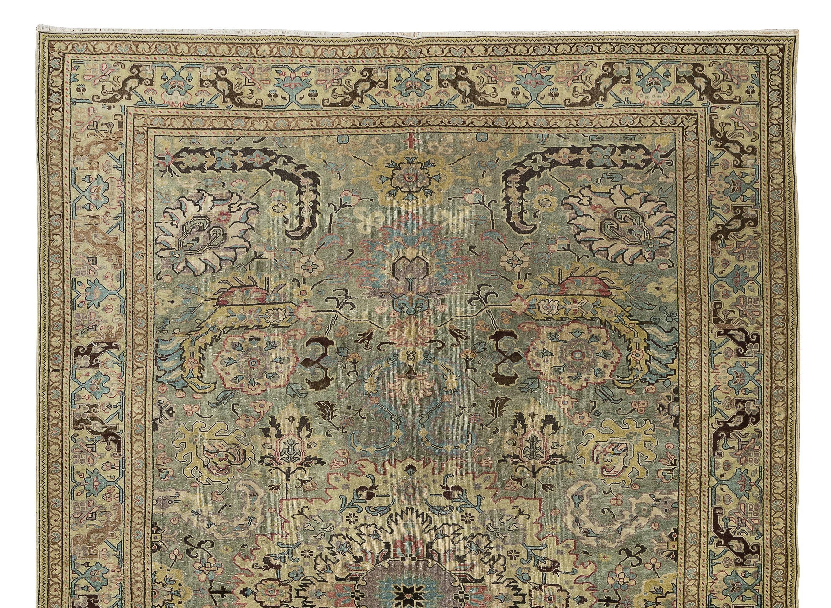 Hand-Knotted 6.5x9.6 Ft Vintage Handmade Anatolian Oushak Wool Area Rug in Shades of Green For Sale