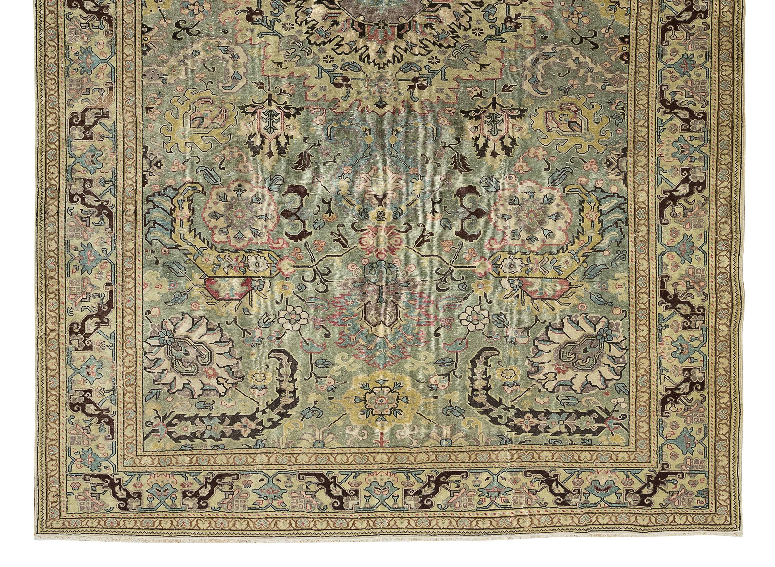 6.5x9.6 Ft Vintage Handmade Anatolian Oushak Wool Area Rug in Shades of Green In Good Condition For Sale In Philadelphia, PA