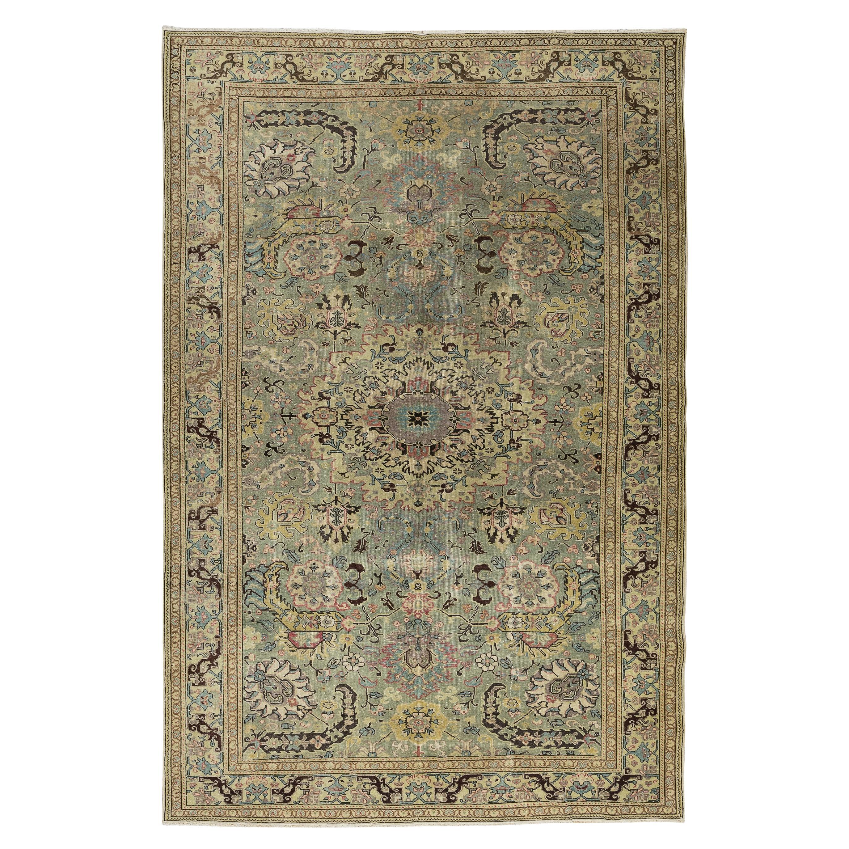 6.5x9.6 Ft Vintage Handmade Anatolian Oushak Wool Area Rug in Shades of Green For Sale