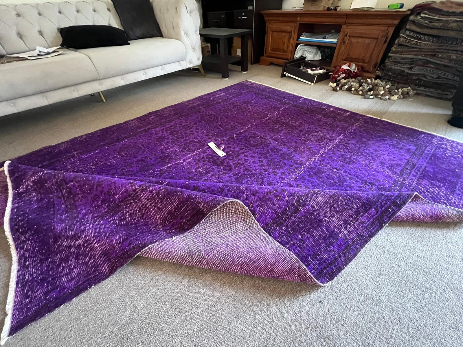 6.5x9.6 Ft Vintage Handmade Rug Over-Dyed in Purple, Great for Modern Interiors For Sale 3