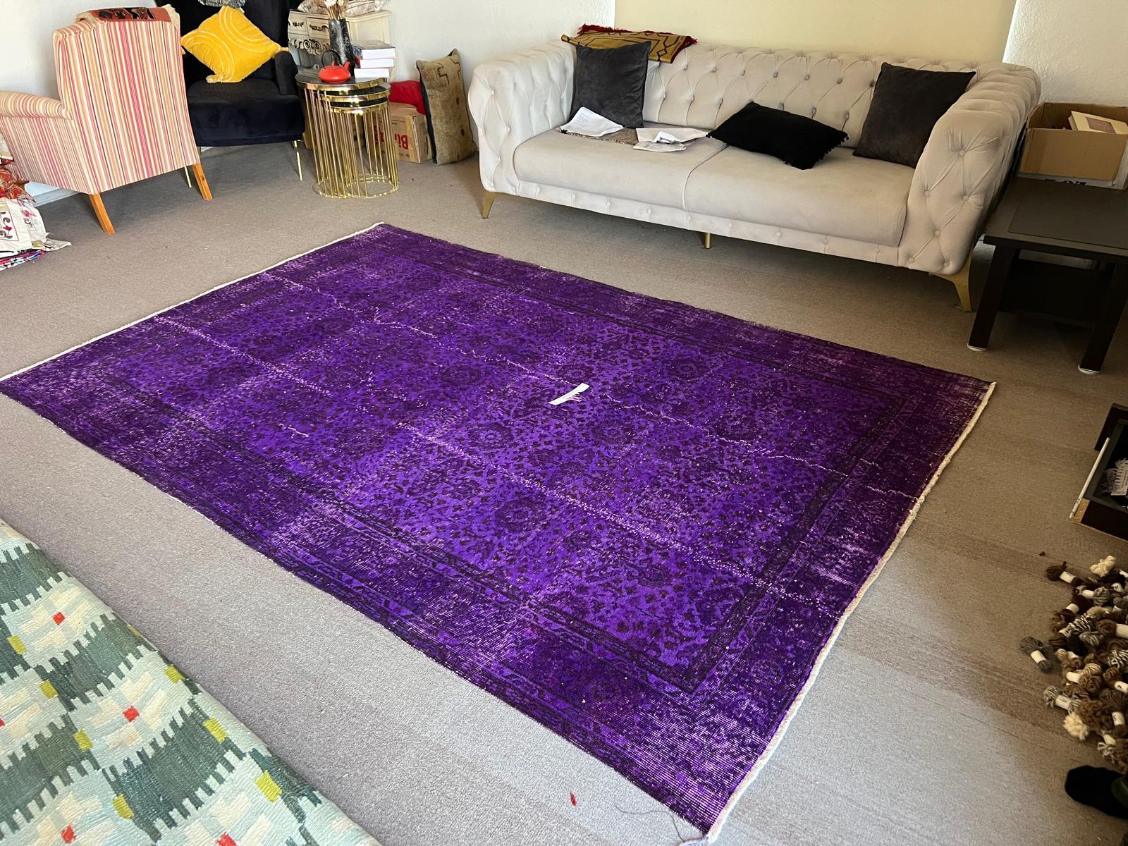 6.5x9.6 Ft Vintage Handmade Rug Over-Dyed in Purple, Great for Modern Interiors In Good Condition For Sale In Spring Valley, NY