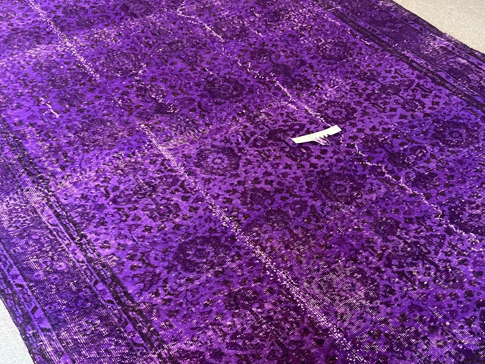Wool 6.5x9.6 Ft Vintage Handmade Rug Over-Dyed in Purple, Great for Modern Interiors For Sale