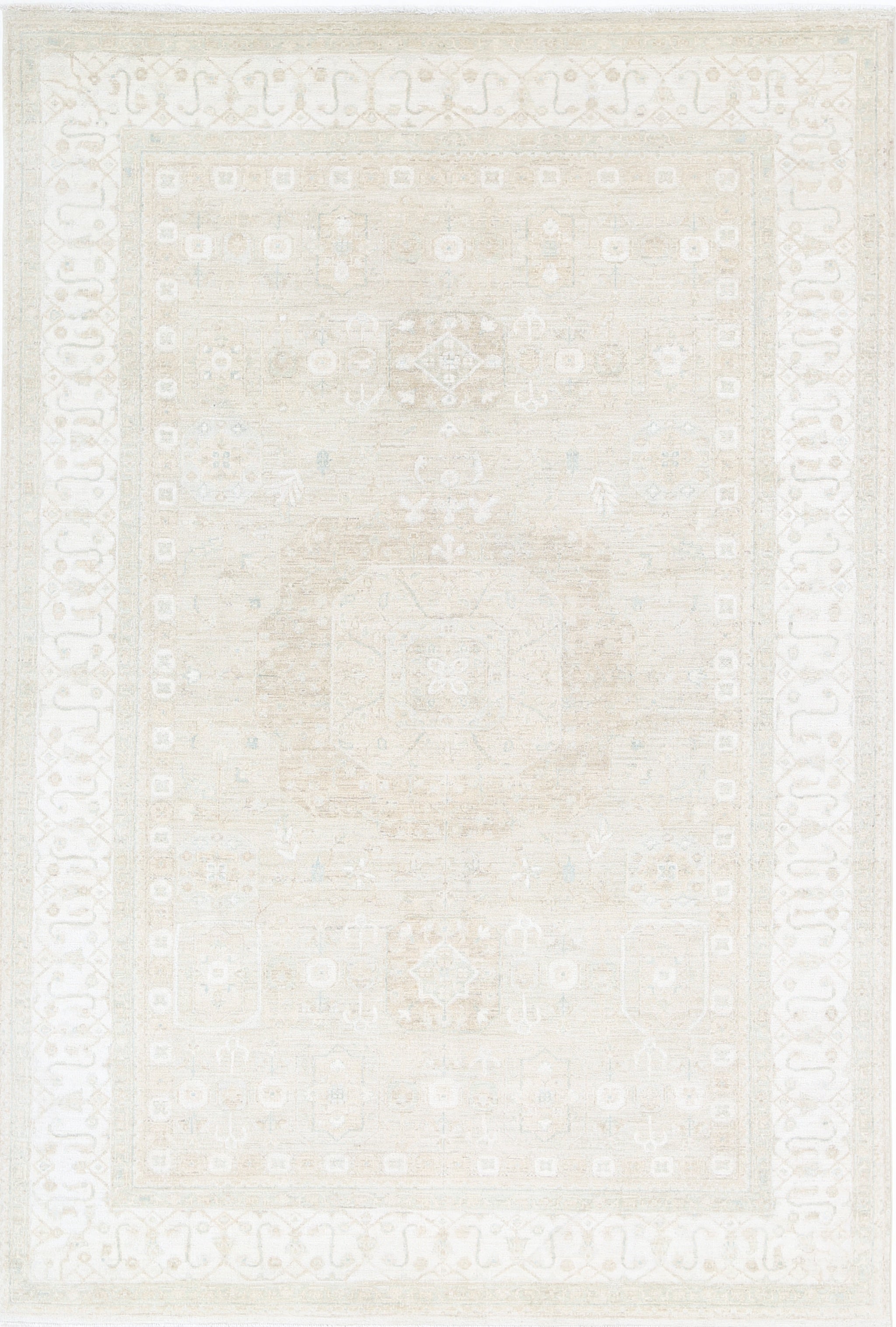 6.5x9.7 ft Hand Knotted Area Rug for Home Decor. 100% Wool Beige Carpet
