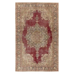 Tappeto vintage turco in lana Oushak 6.5x9.7 Ft annodato a mano in rosso e beige
