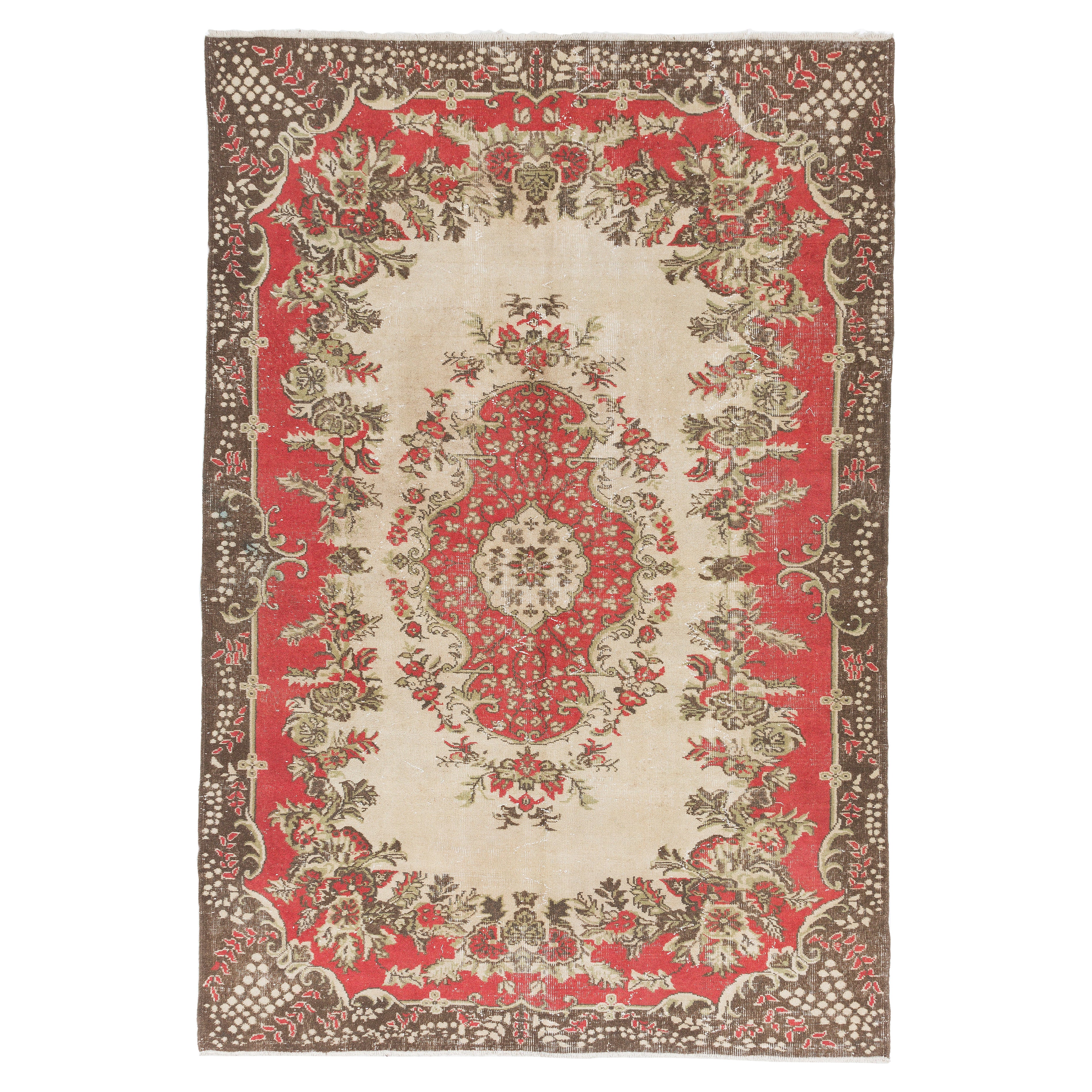 6.5x9.7 Ft Vintage Red and Beige Hand-Knotted Turkish Rug (1960s) with Medallion For Sale