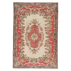 6.5x9.7 Ft Vintage Red and Beige Hand-Knotted Turkish Rug (1960s) with Medallion