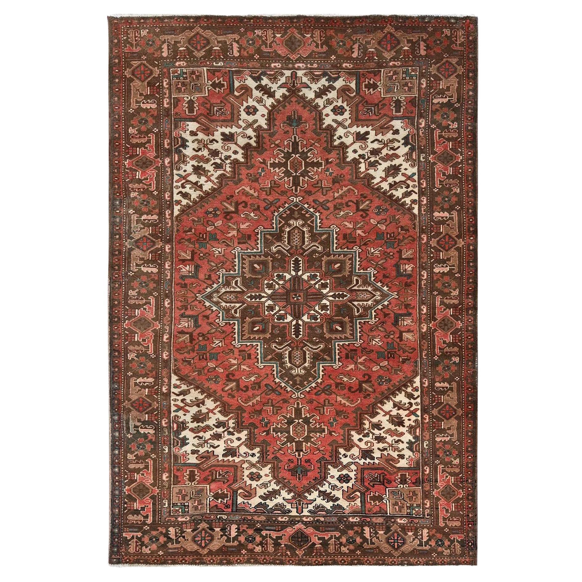 6'5 "x9'7" Terracotta Rosso Vintage Persiano Heriz Tappeto Orientale in Lana Annodato a Mano
