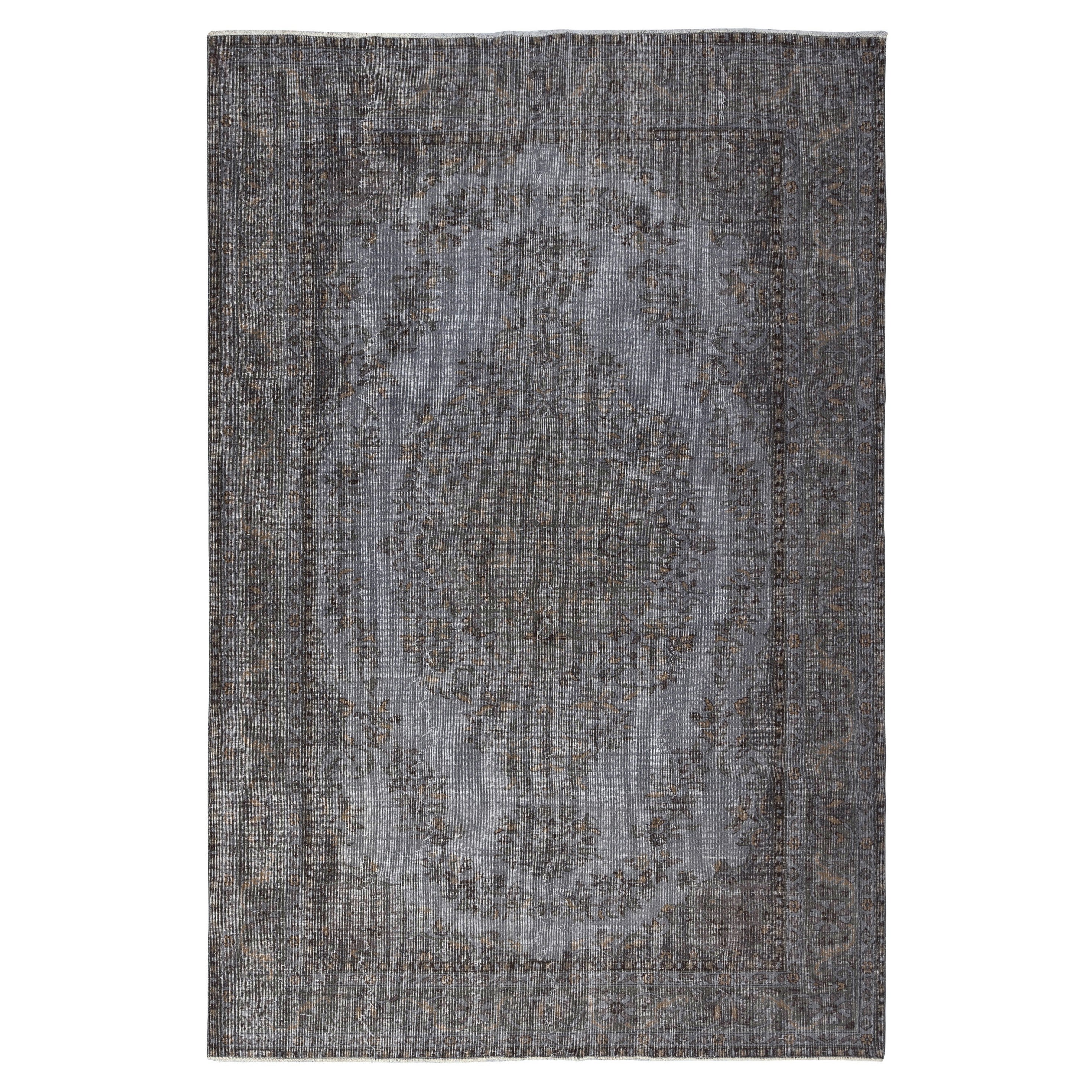 Tappeto vintage sovratinto grigio 6.5x9.8 Ft per interni moderni. Annodato a mano in Turchia