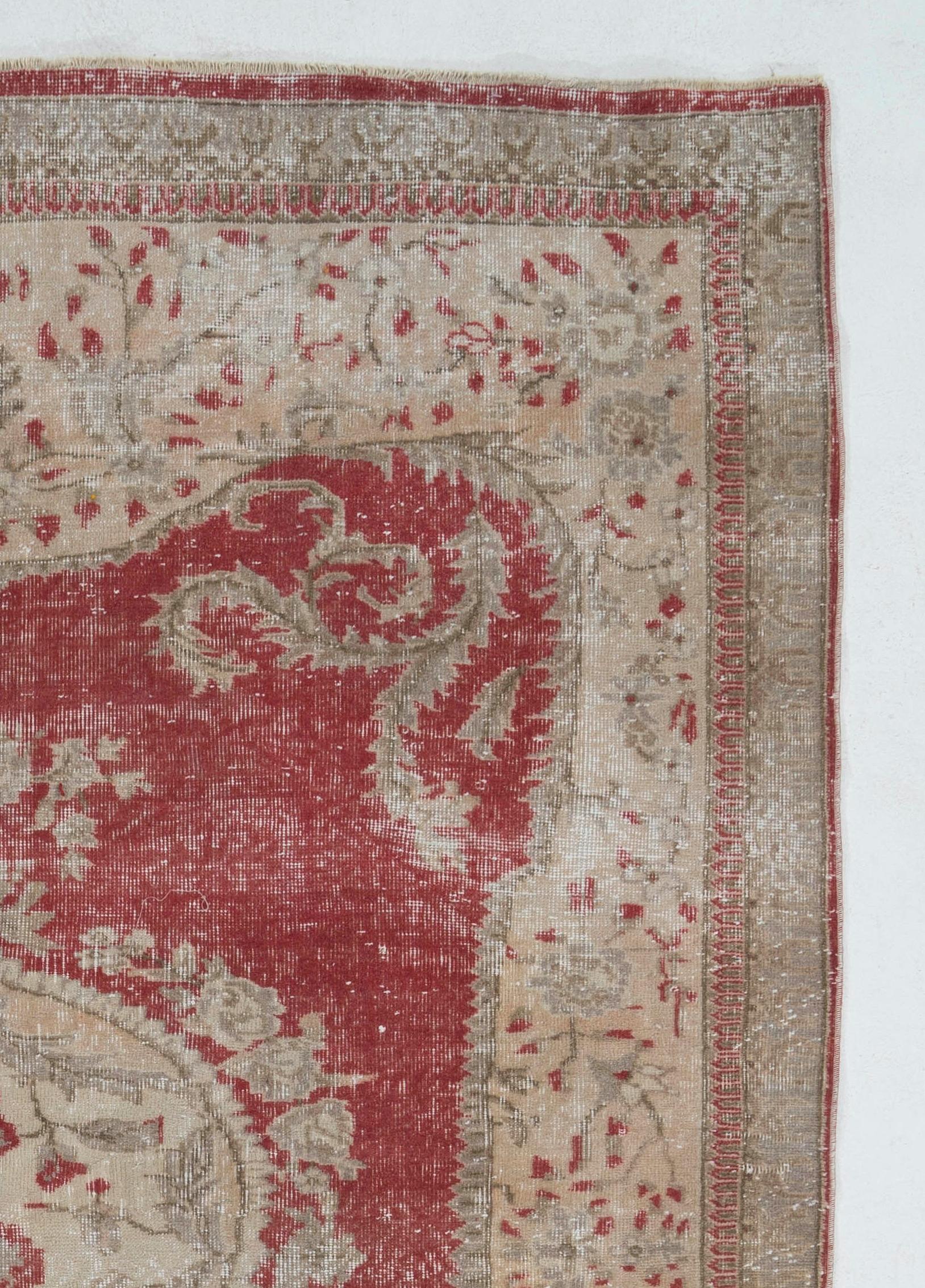 Hand-Knotted 6.5x9.5 Ft Vintage Aubusson Inspired Turkish Rug in Red, Beige & Taupe Colors For Sale