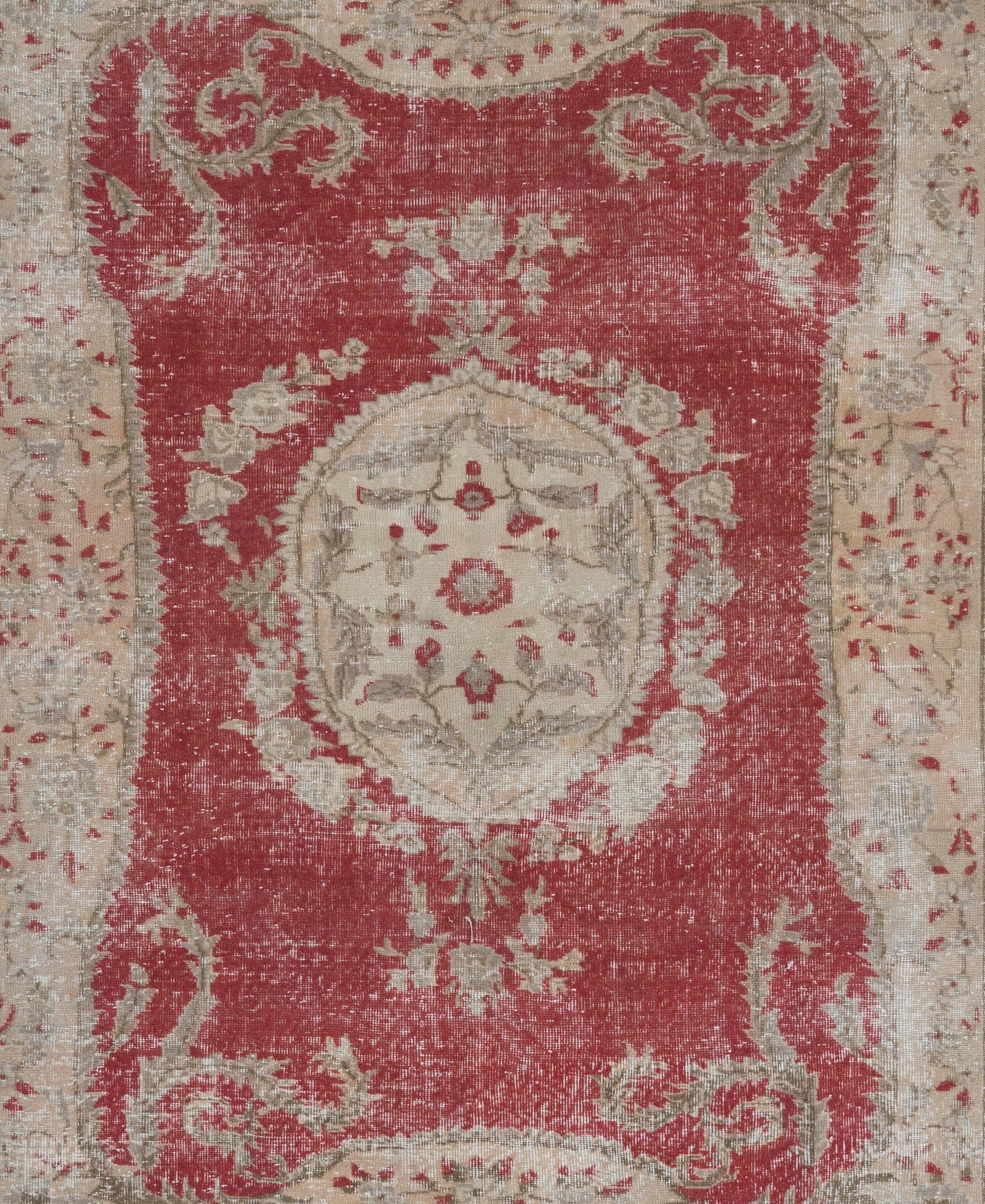 6.5x9.5 Ft Vintage Aubusson Inspired Turkish Rug in Red, Beige & Taupe Colors In Good Condition For Sale In Philadelphia, PA