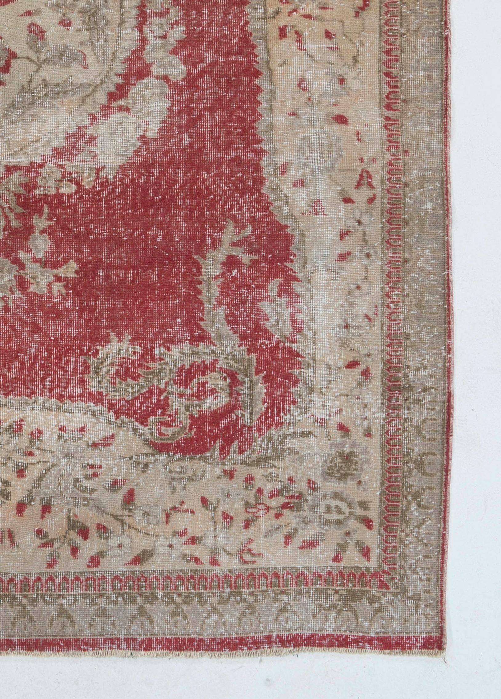 Wool 6.5x9.5 Ft Vintage Aubusson Inspired Turkish Rug in Red, Beige & Taupe Colors For Sale