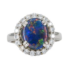 .66 Carat 18 Karat White Gold Black Australian Opal Diamond Halo Ring