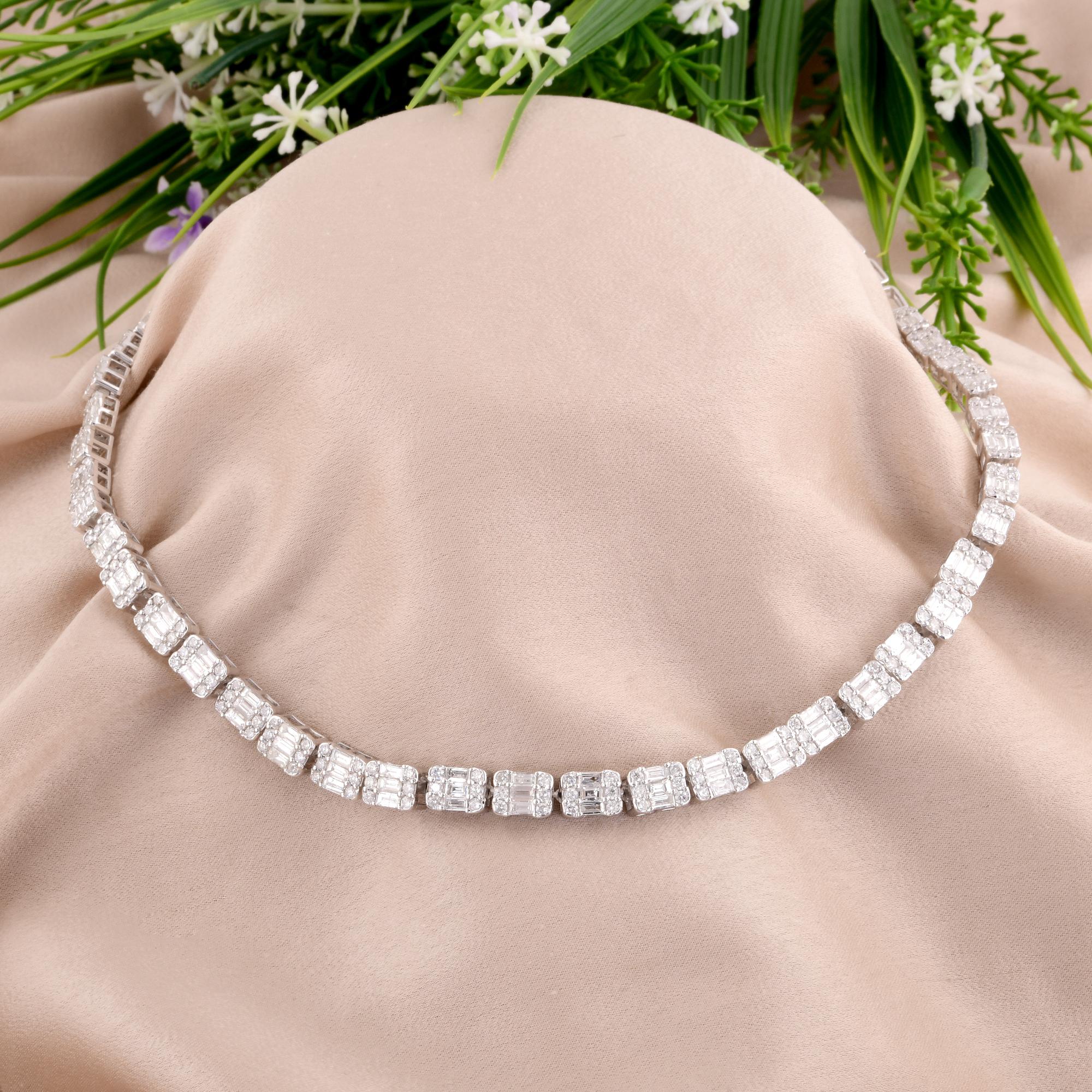 Baguette Cut 6.6 Carat Baguette & Round Diamond Necklace 14 Karat White Gold Handmade Jewelry For Sale