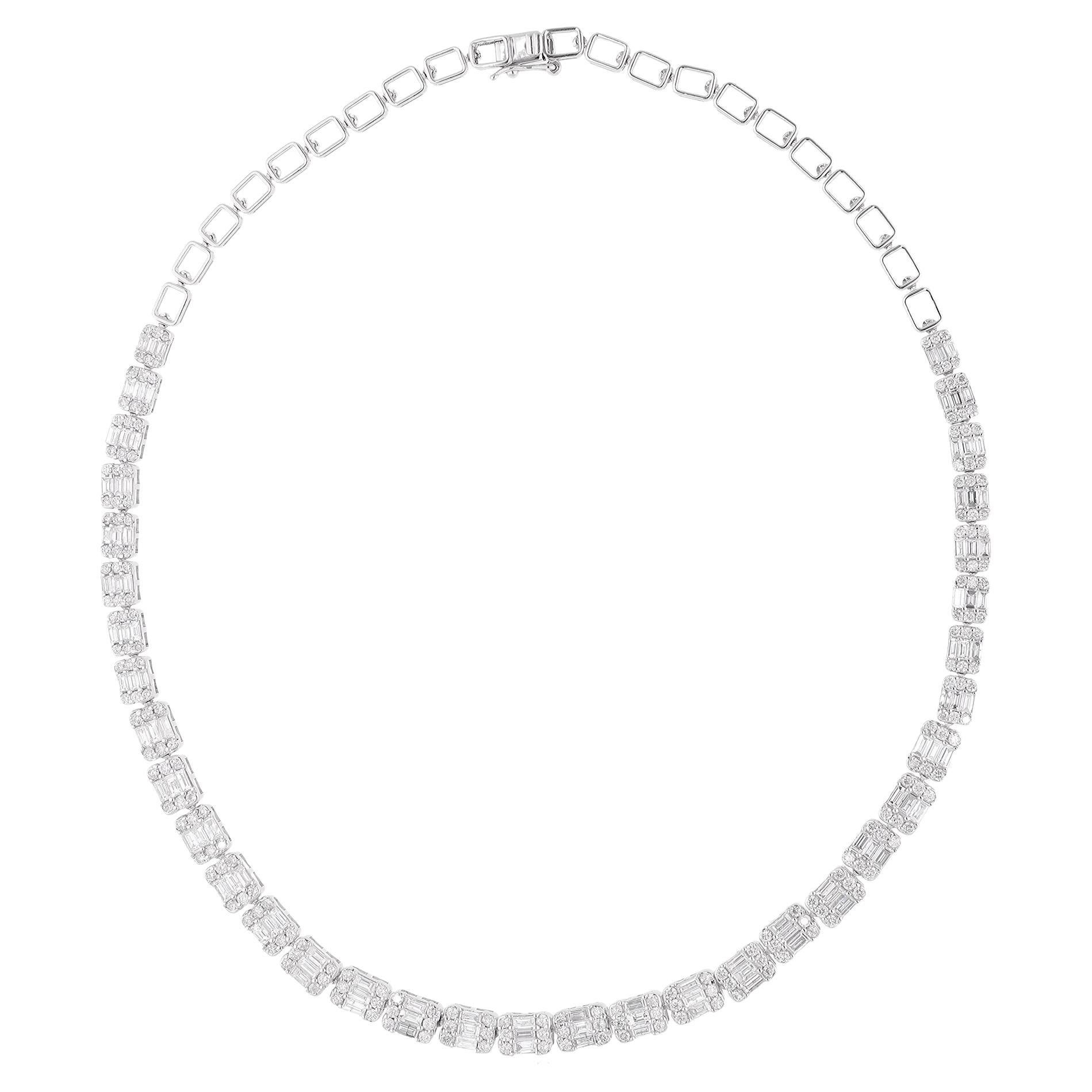 6.6 Carat Baguette & Round Diamond Necklace 18 Karat White Gold Handmade Jewelry For Sale